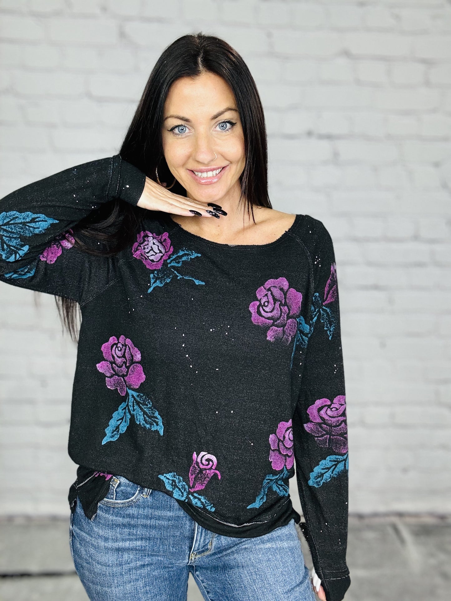 Reg/Plus Black Long Sleeve Top w/ Purple Roses & Paint Splatter Detail