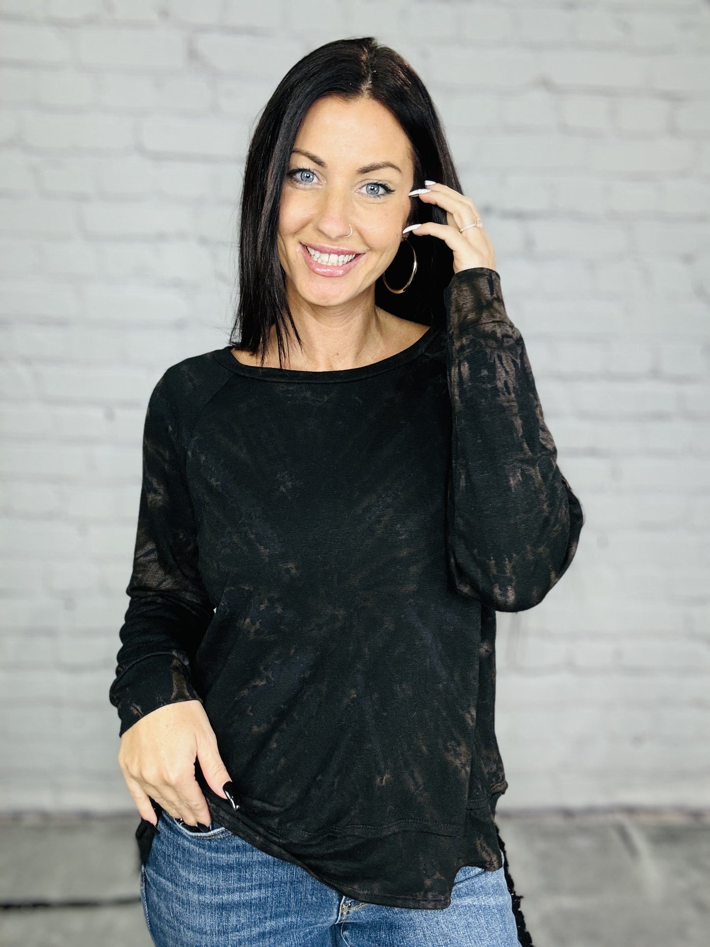 Reg. Black/Mocha Tie Dye Raw Edge Long Sleeve Top