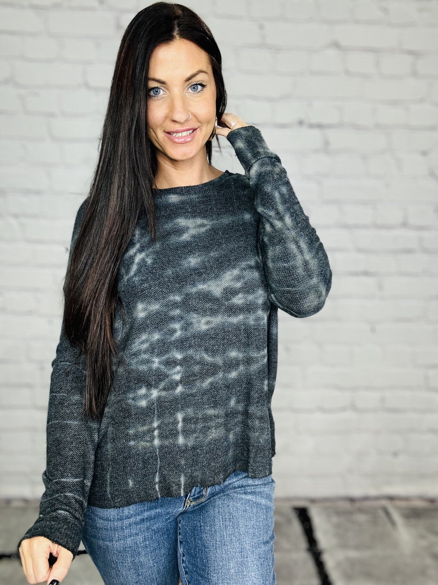 Black/Charcoal Tie Dye Long Sleeve Top w/ Open Tie Back Detail