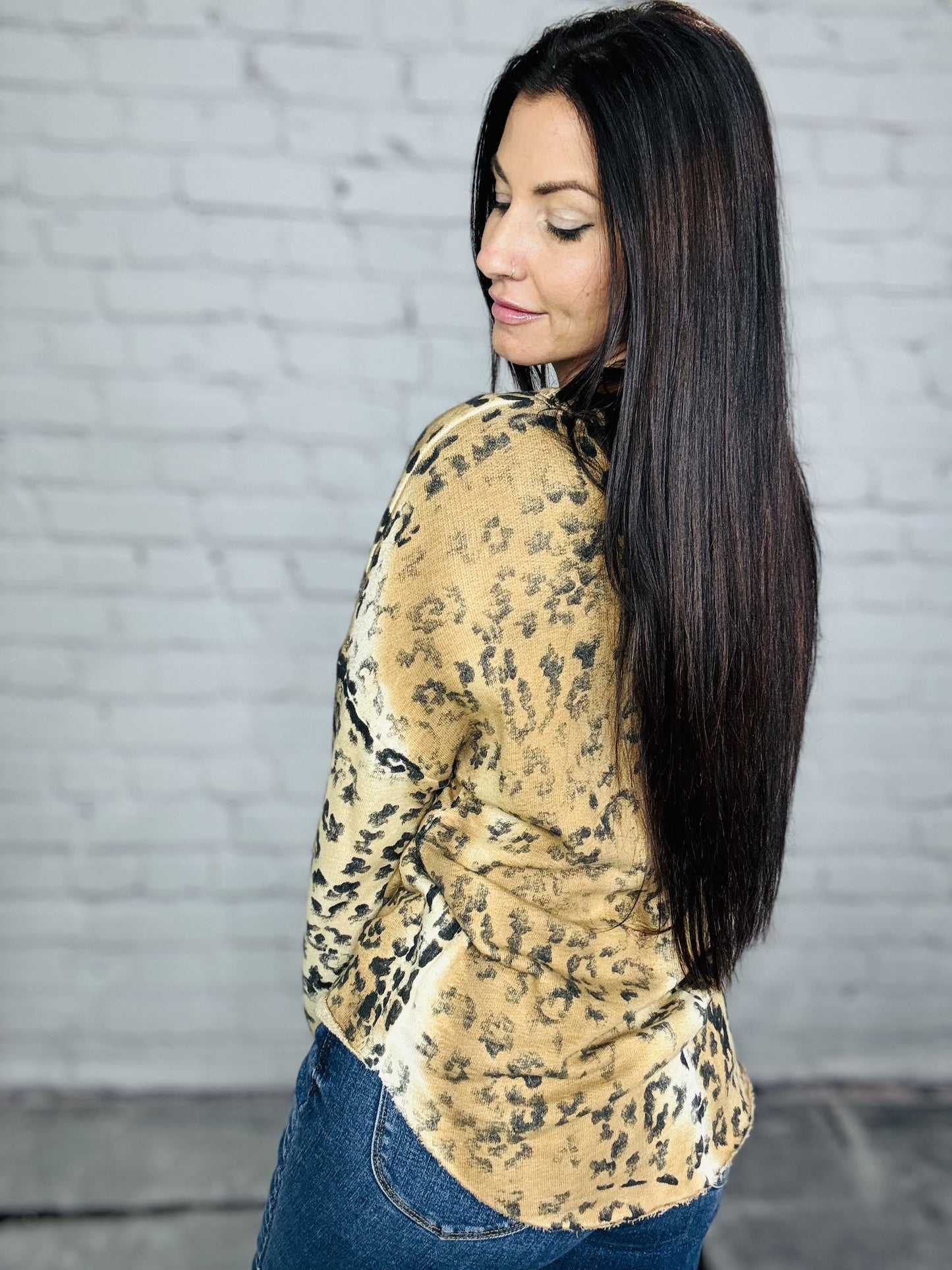 Reg. Caramel/Black Leopard Long Sleeve Top w/ Raw Hem