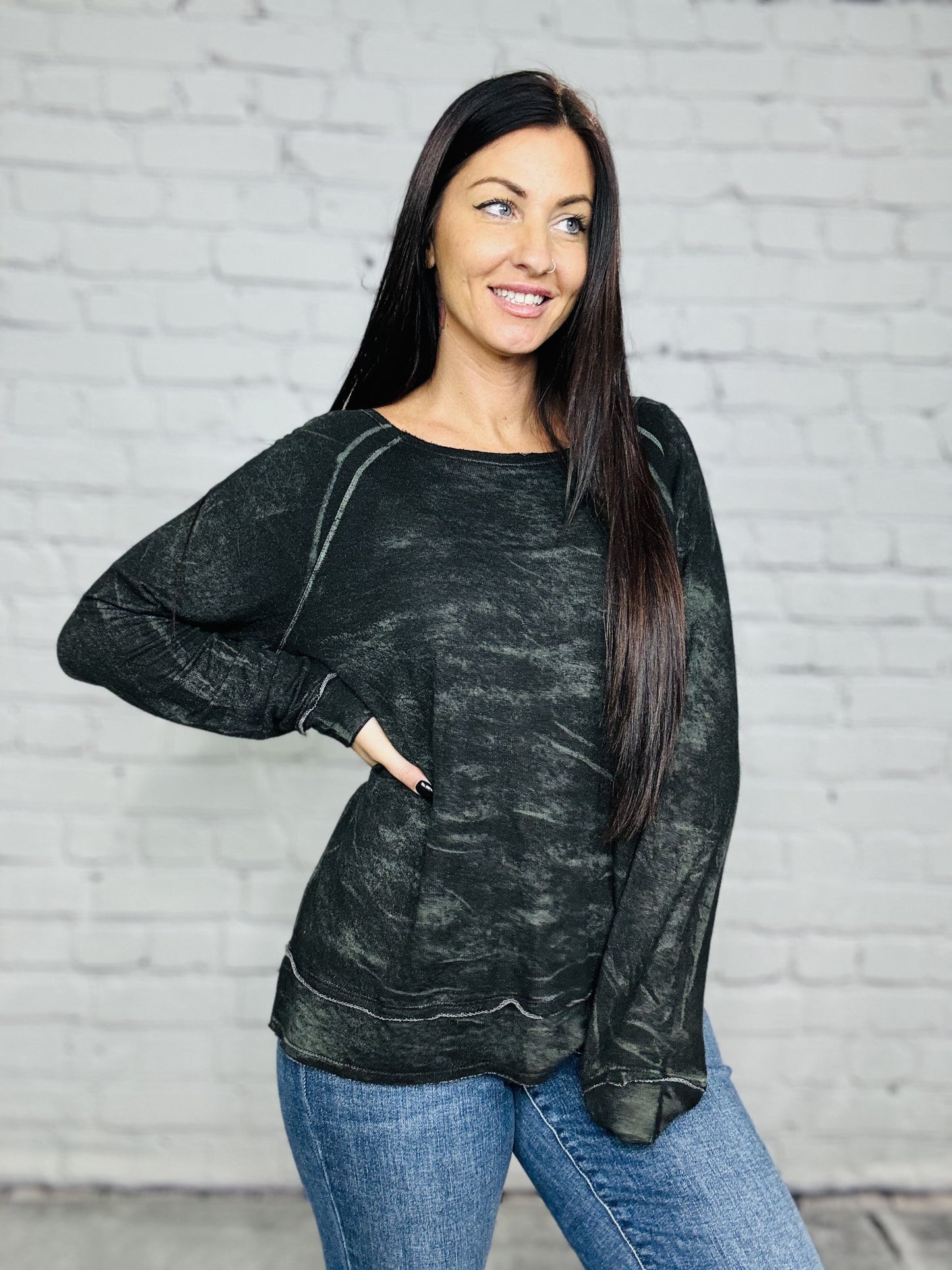 Reg. Black/Sage Tie Dye Long Sleeve Top