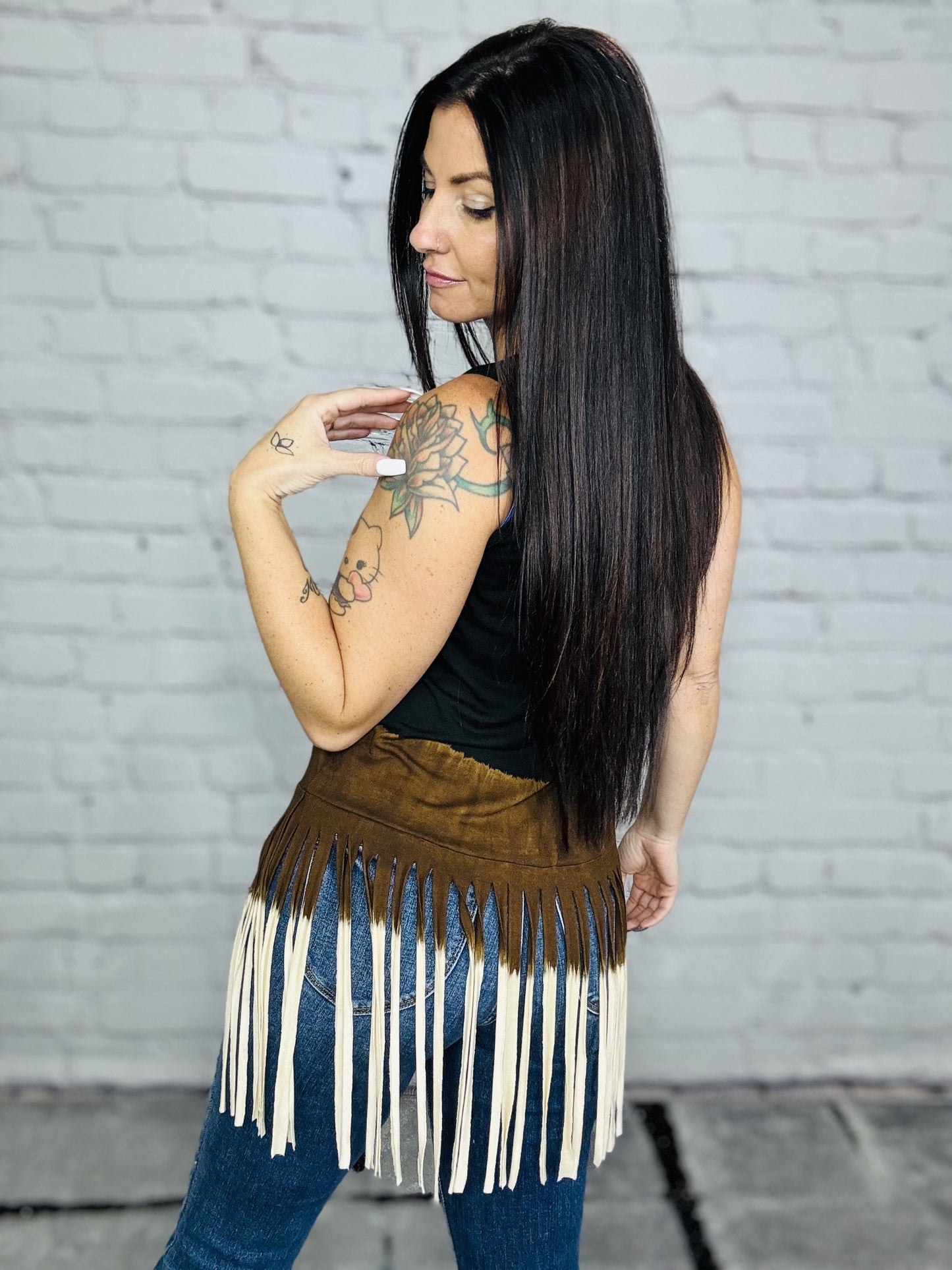 Black/Brown/Ivory Dip Dye Sleeveless Top w/ Fringe Detail