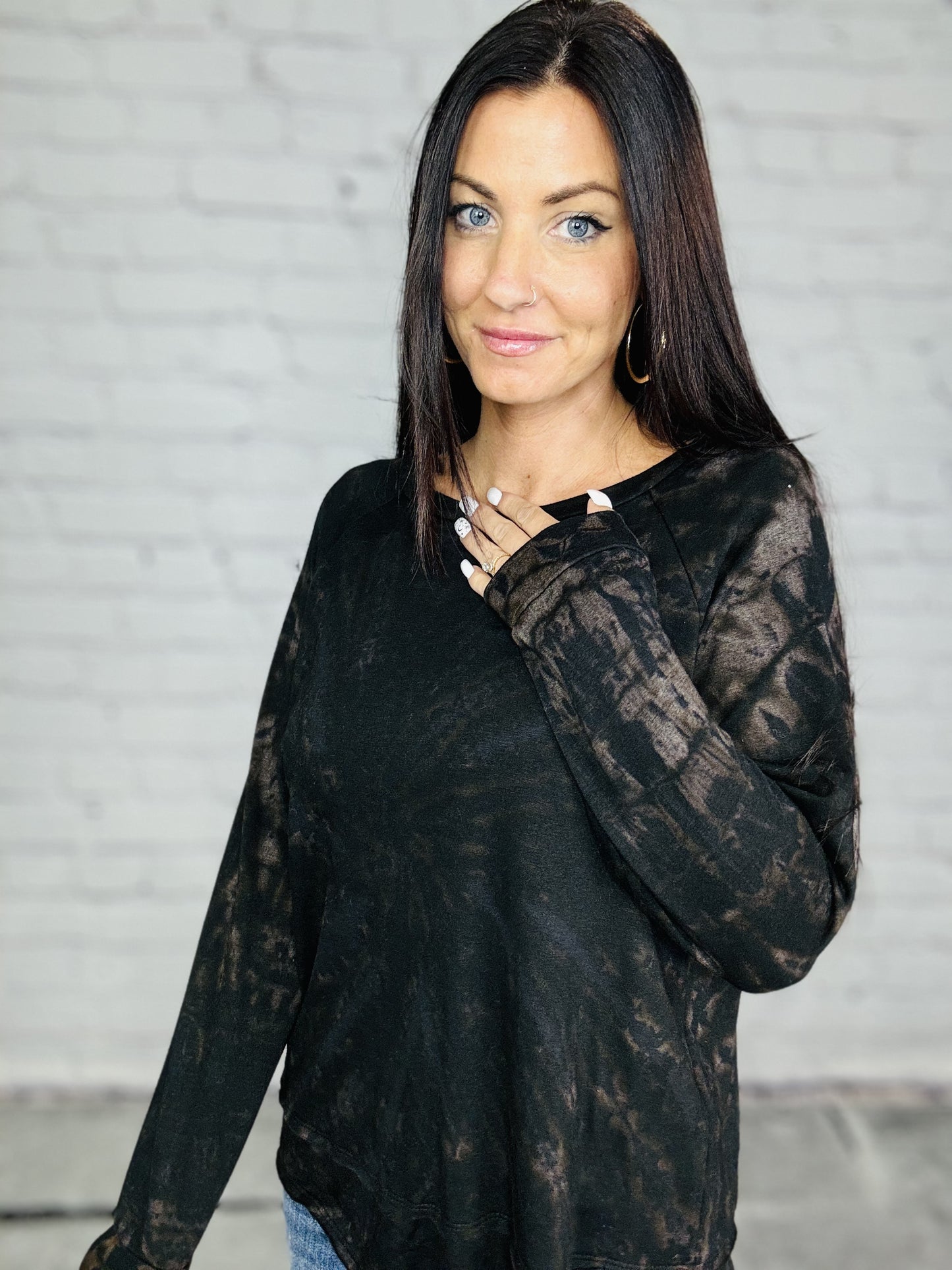 Reg. Black/Mocha Tie Dye Raw Edge Long Sleeve Top