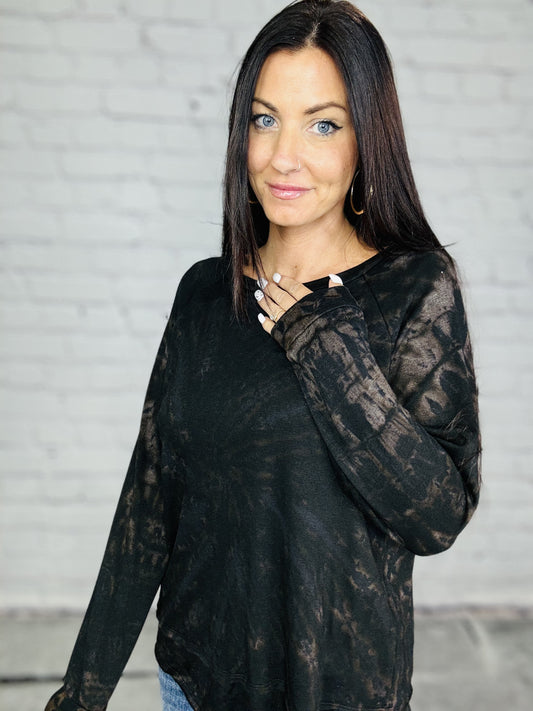 Reg. Black/Mocha Tie Dye Raw Edge Long Sleeve Top