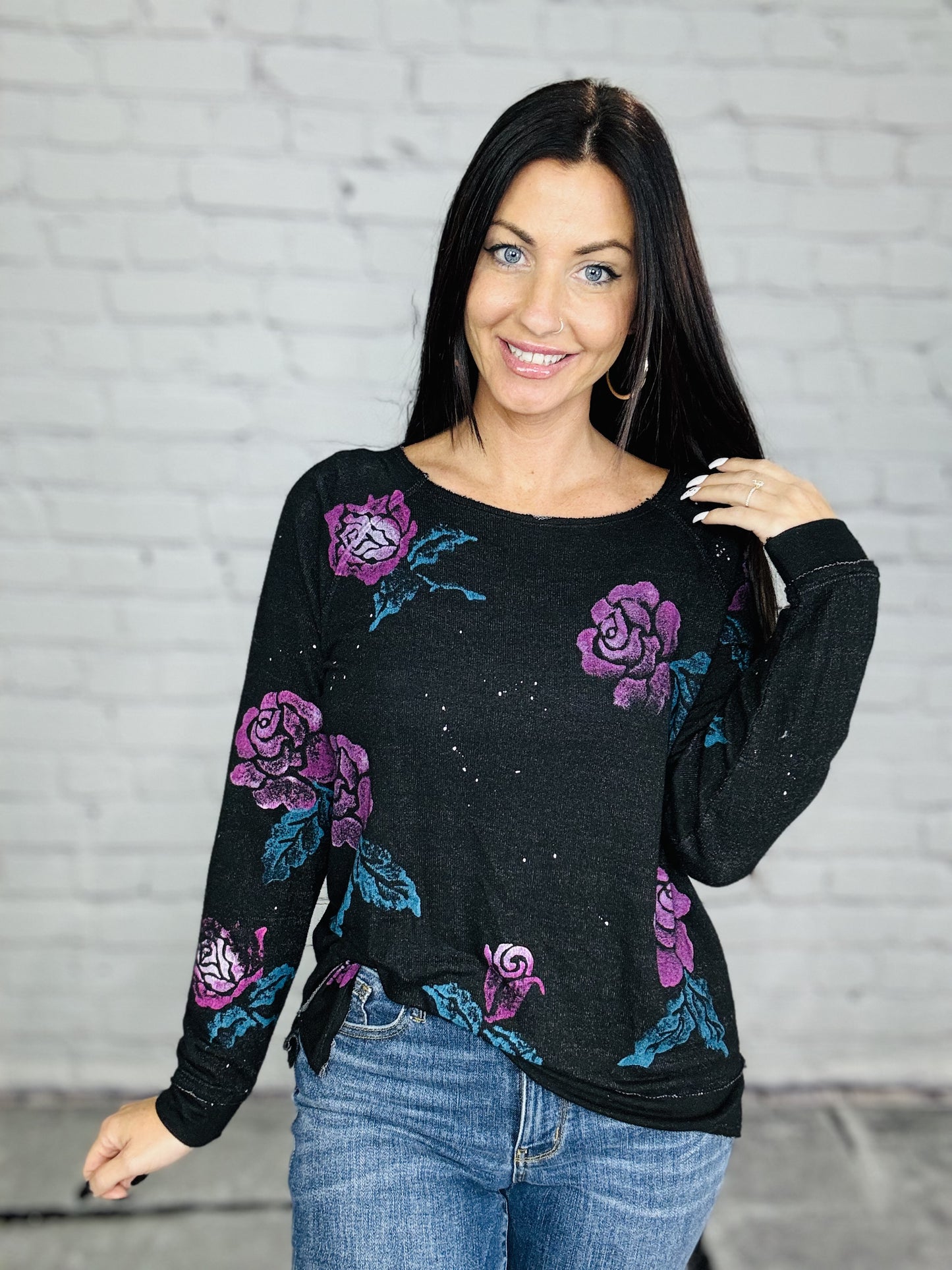 Reg/Plus Black Long Sleeve Top w/ Purple Roses & Paint Splatter Detail