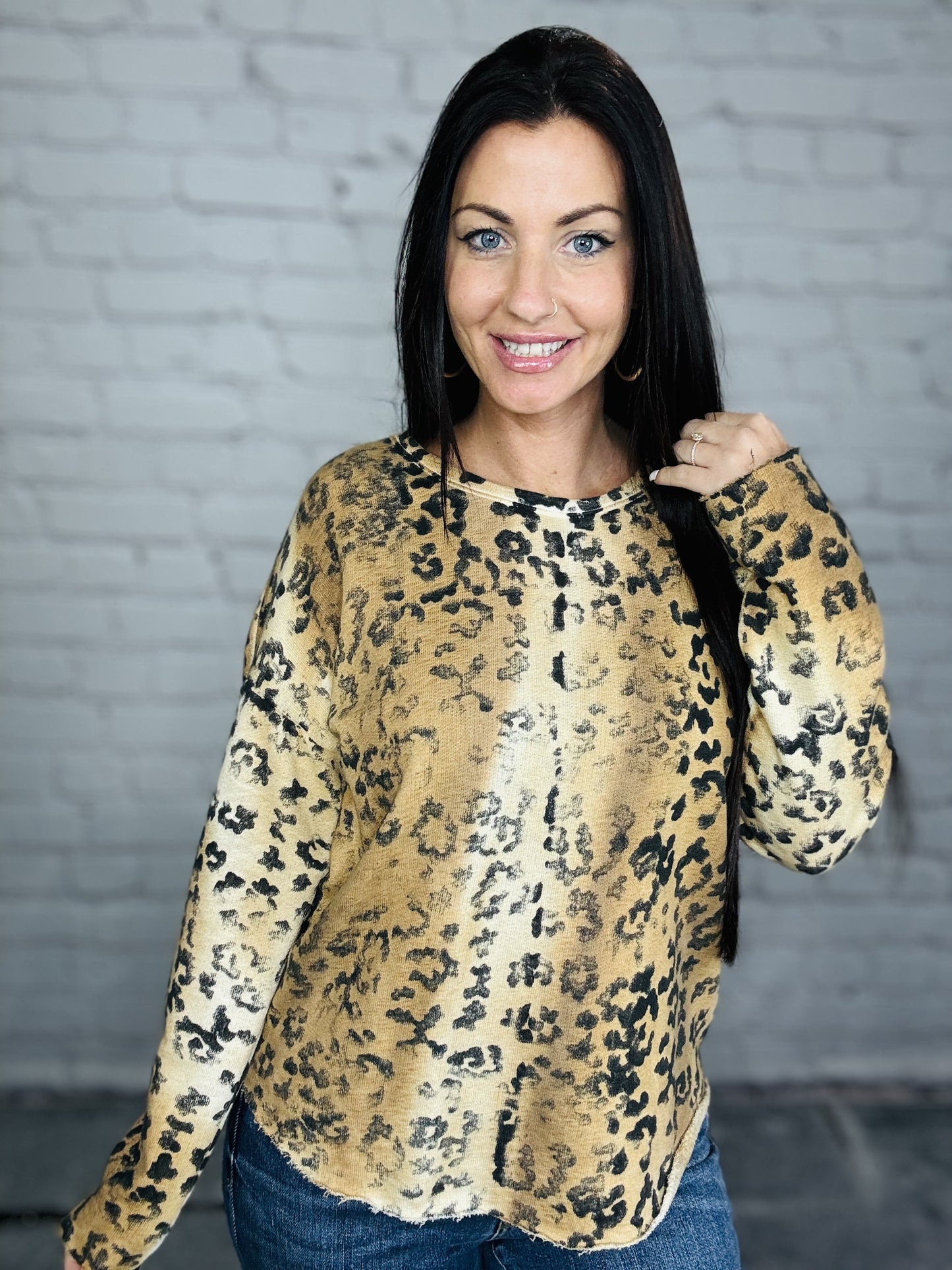 Reg. Caramel/Black Leopard Long Sleeve Top w/ Raw Hem