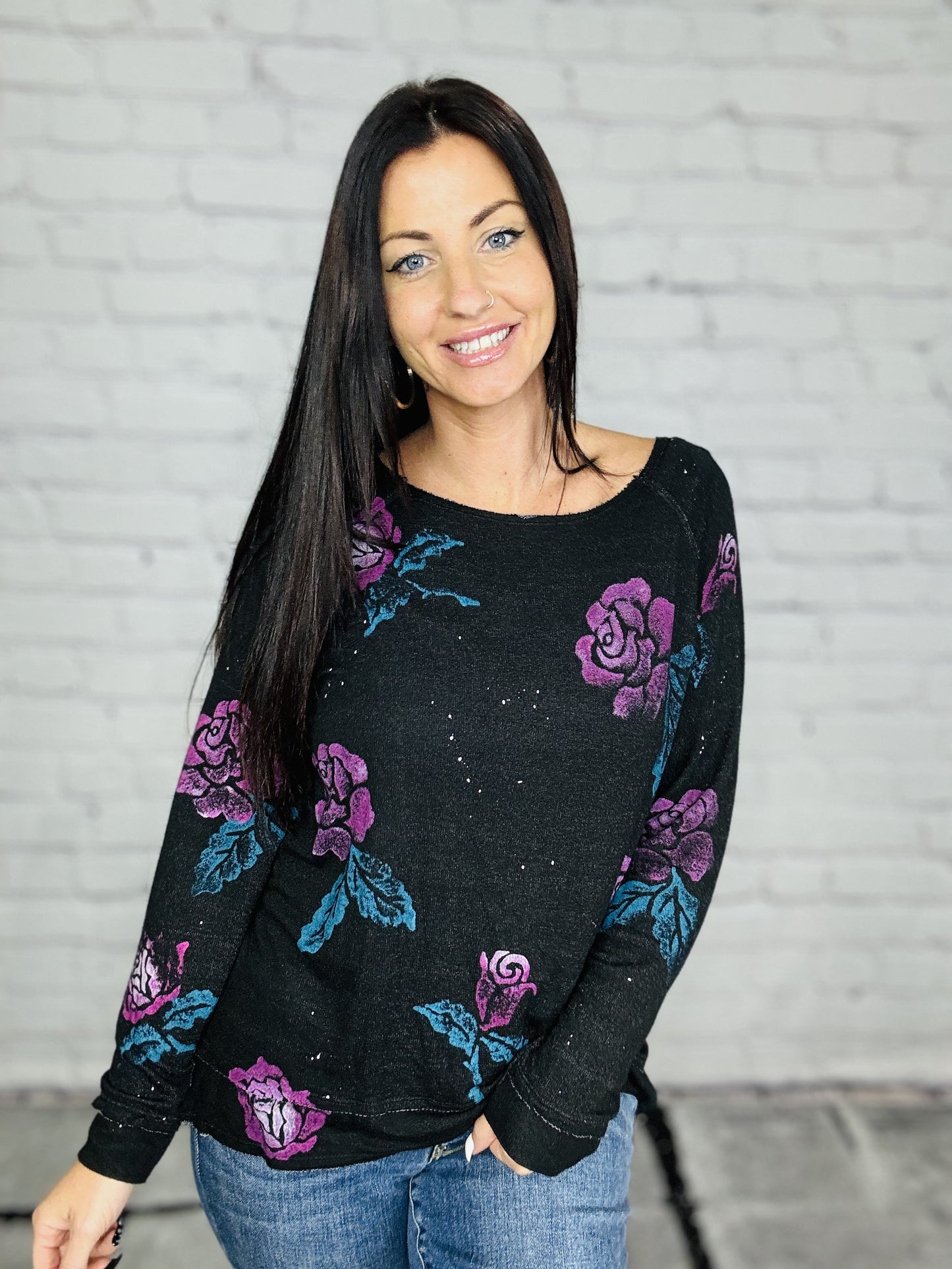 Reg/Plus Black Long Sleeve Top w/ Purple Roses & Paint Splatter Detail