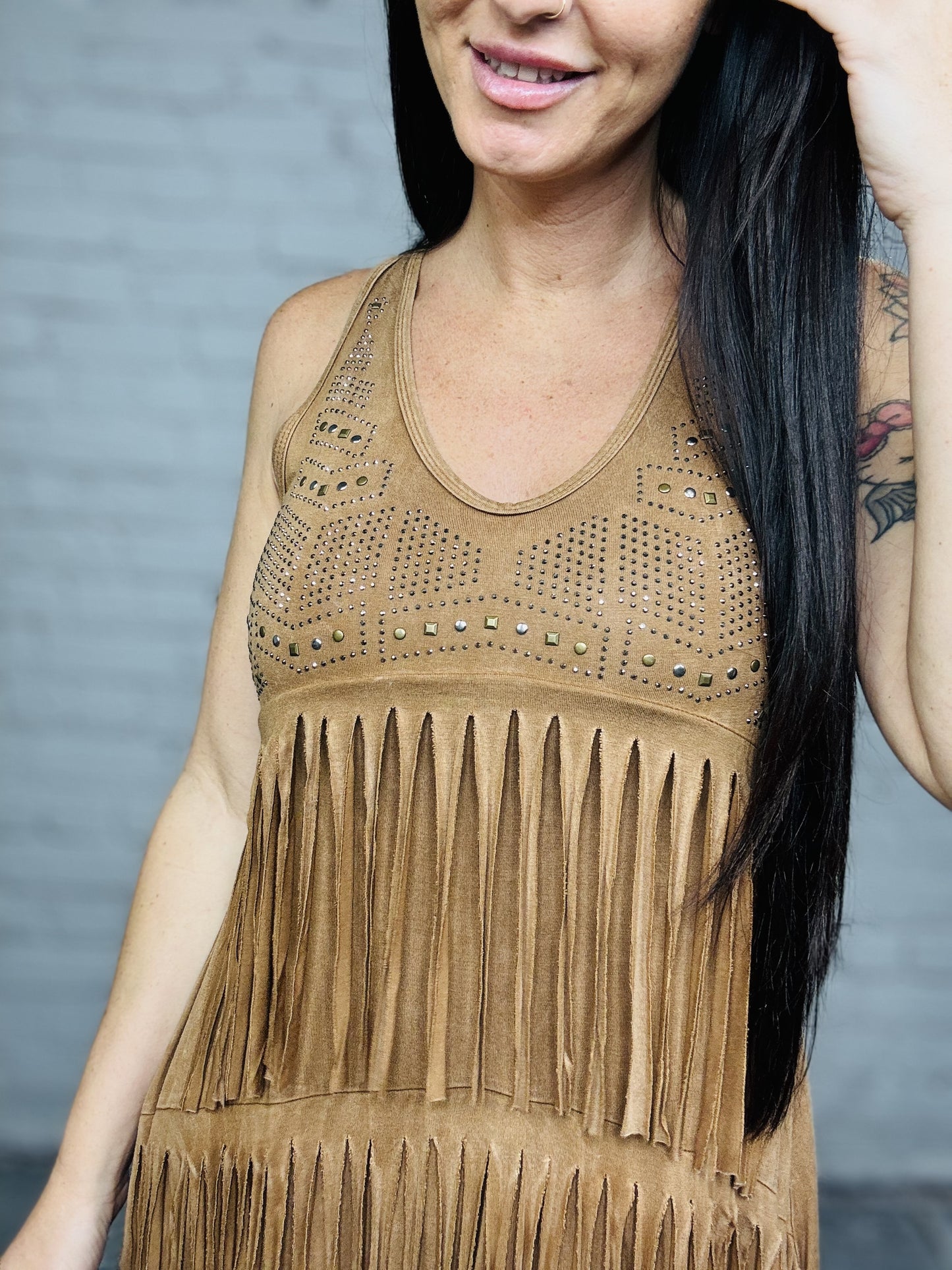 Reg. Camel Sleeveless Top w/ Layered Fringe & Studs