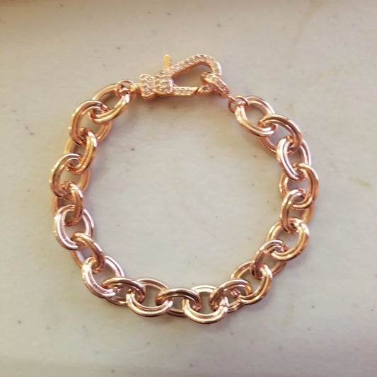 Rose Gold Plated Chain w/ Pave Cubic Zirconia Closure Bracelet - 7" +1