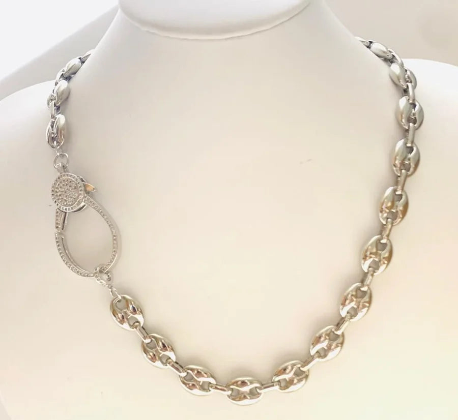 Rhodium Plated Puff Link Chain w/ Pave Cubic Zirconia Clasp - 18"