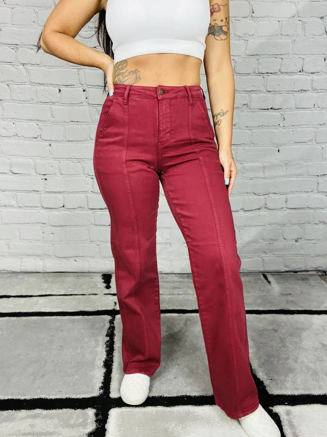 Judy Blue - "Scarlett" Burgundy High-Waisted Front Seam Straight Leg Jeans