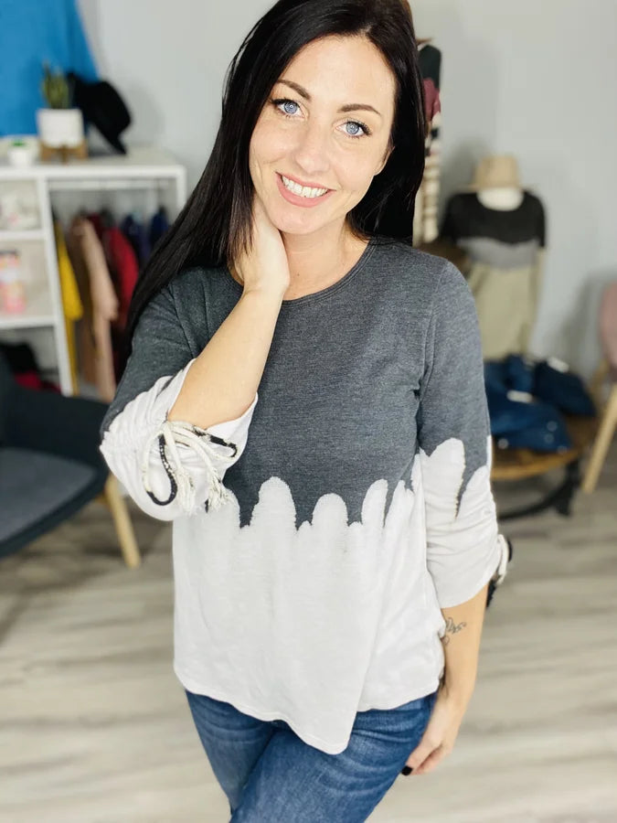 Reg. Charcoal/Ivory Tie Dye 3/4 Ruched Sleeve Top