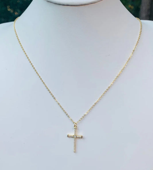 Sterling Silver Gold Plated Cubic Zirconia Pave Cross Necklace - 16-18"