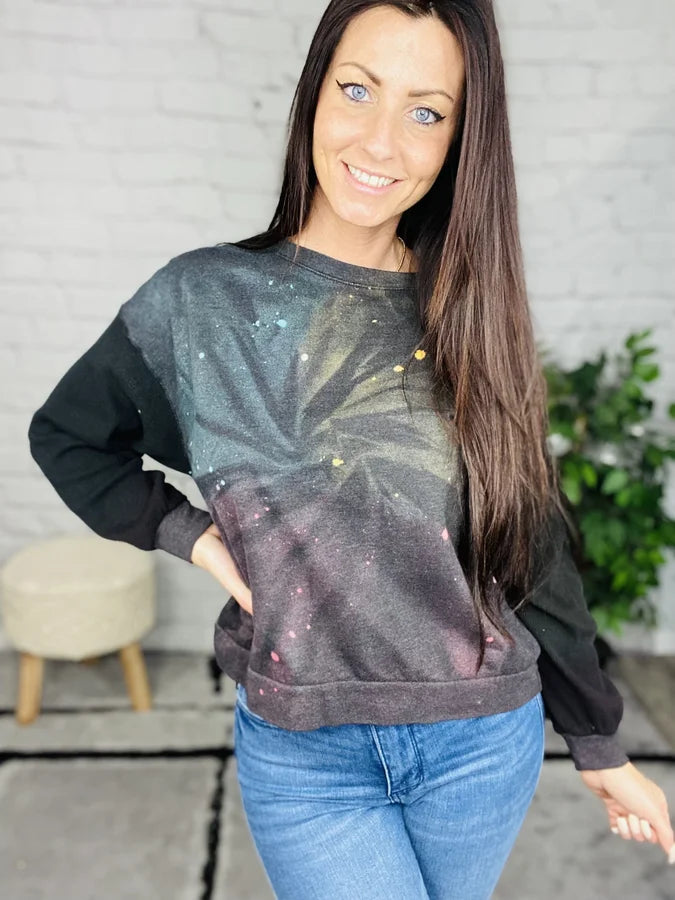Black/Faded Rainbow Tie Dye Long Sleeve Top w/ Paint Splatter Detail