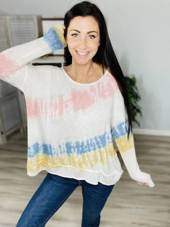 Reg. White Tie Dye Long Sleeve Open Back Top