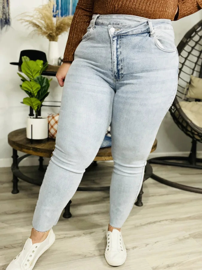 "Bonnie" Light Blue High-Rise Crossover Skinny Jeans - Reg/Plus