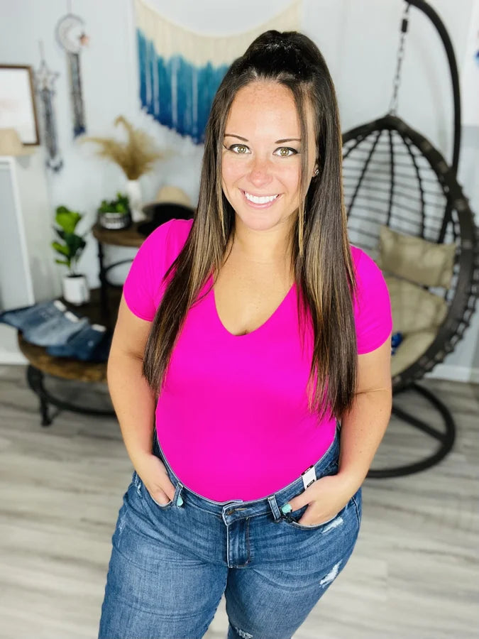 Fuchsia Short Sleeve V-Neck Bodysuit