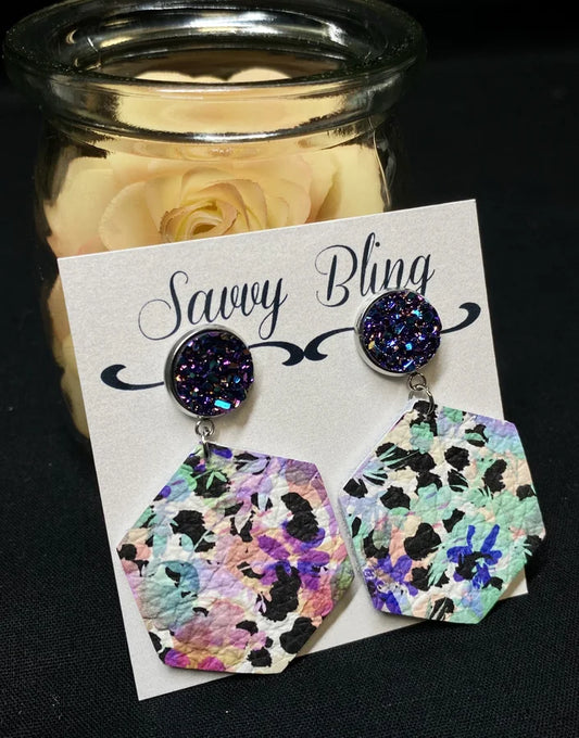 Savvy Bling Floral/Leopard/Dalmatian Leather Earrings w/ Navy Multicolor Druzy