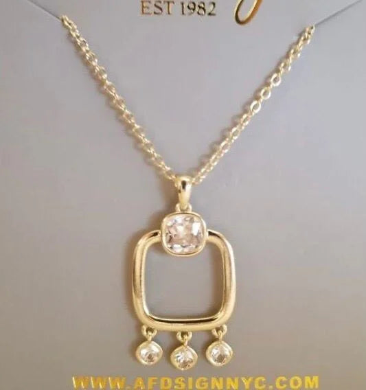 Gold Plated Square Cubic Zirconia Charm Pendant Necklace - 16" +2