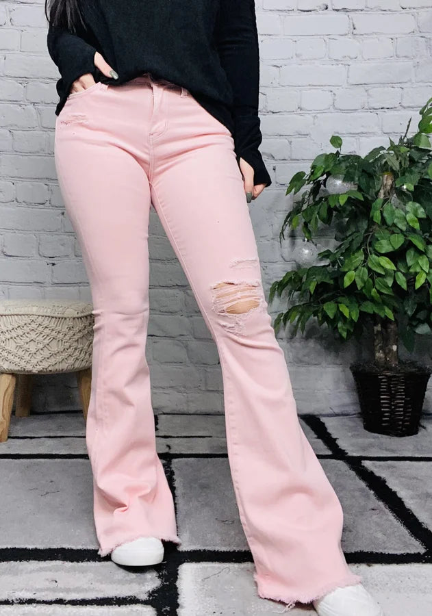 Judy Blue - "Olivia" Pastel Pink Mid-Rise Flare Jeans - Reg/Plus