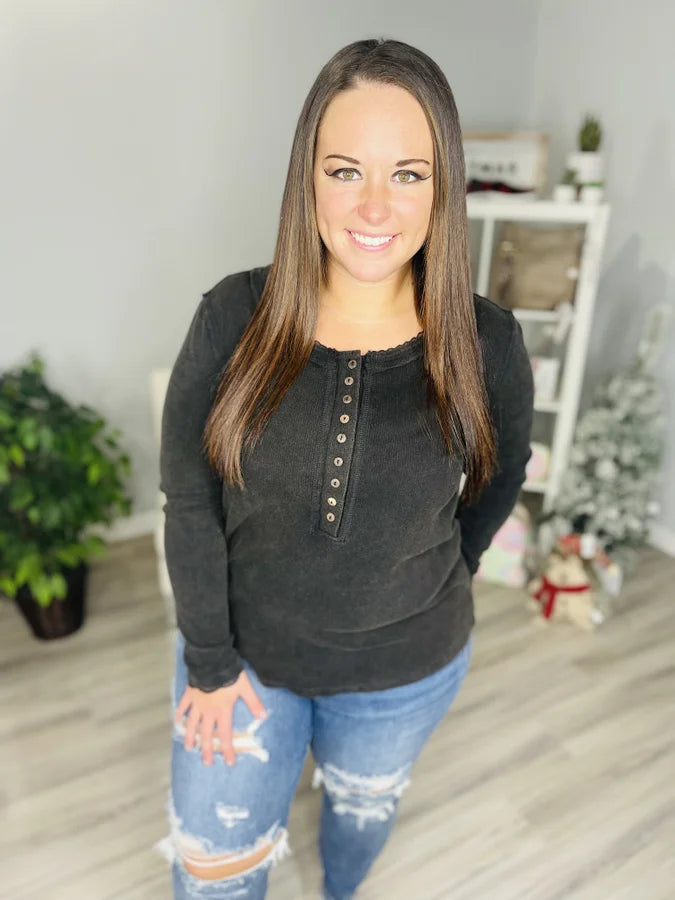 Reg/Plus Black Ribbed Washed Henley Long Sleeve Top