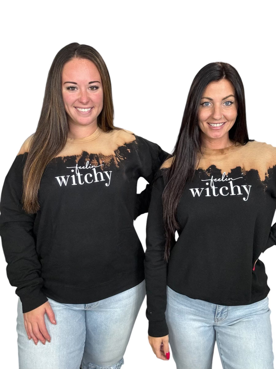 "Feelin Witchy" Black (Caramel Apple) Bleached Tie Dye Sweatshirt - Reg/Plus