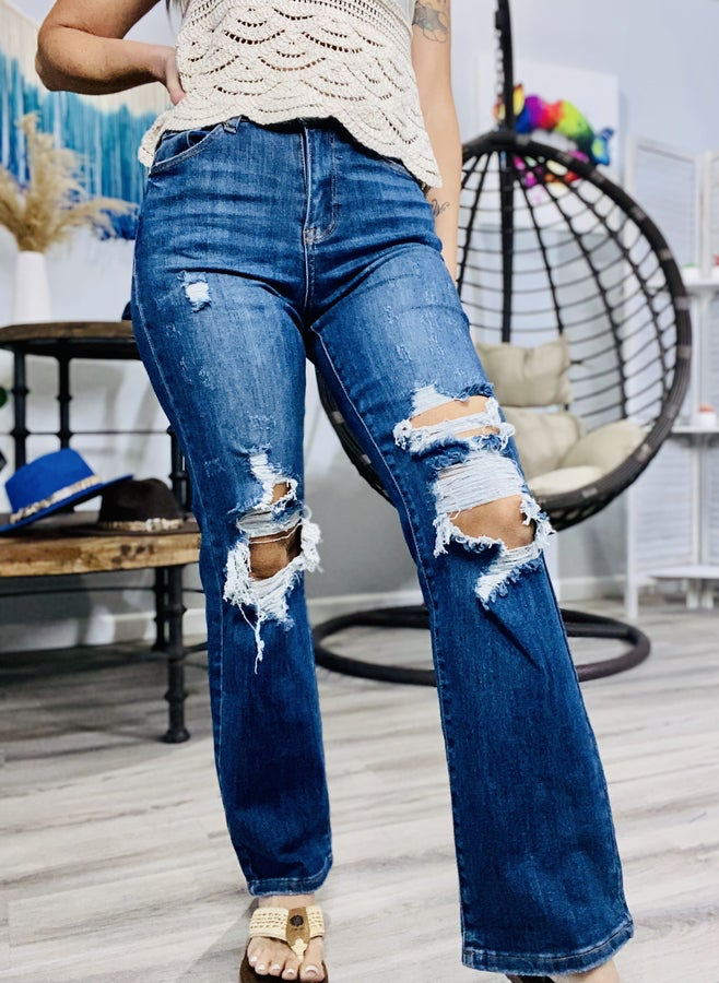 "Untamed" High-Rise Destroyed Straight Leg Jeans - Reg/Plus