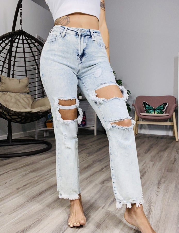 "Josie" High-Rise Acid Wash Straight Leg Jeans - Reg/Plus