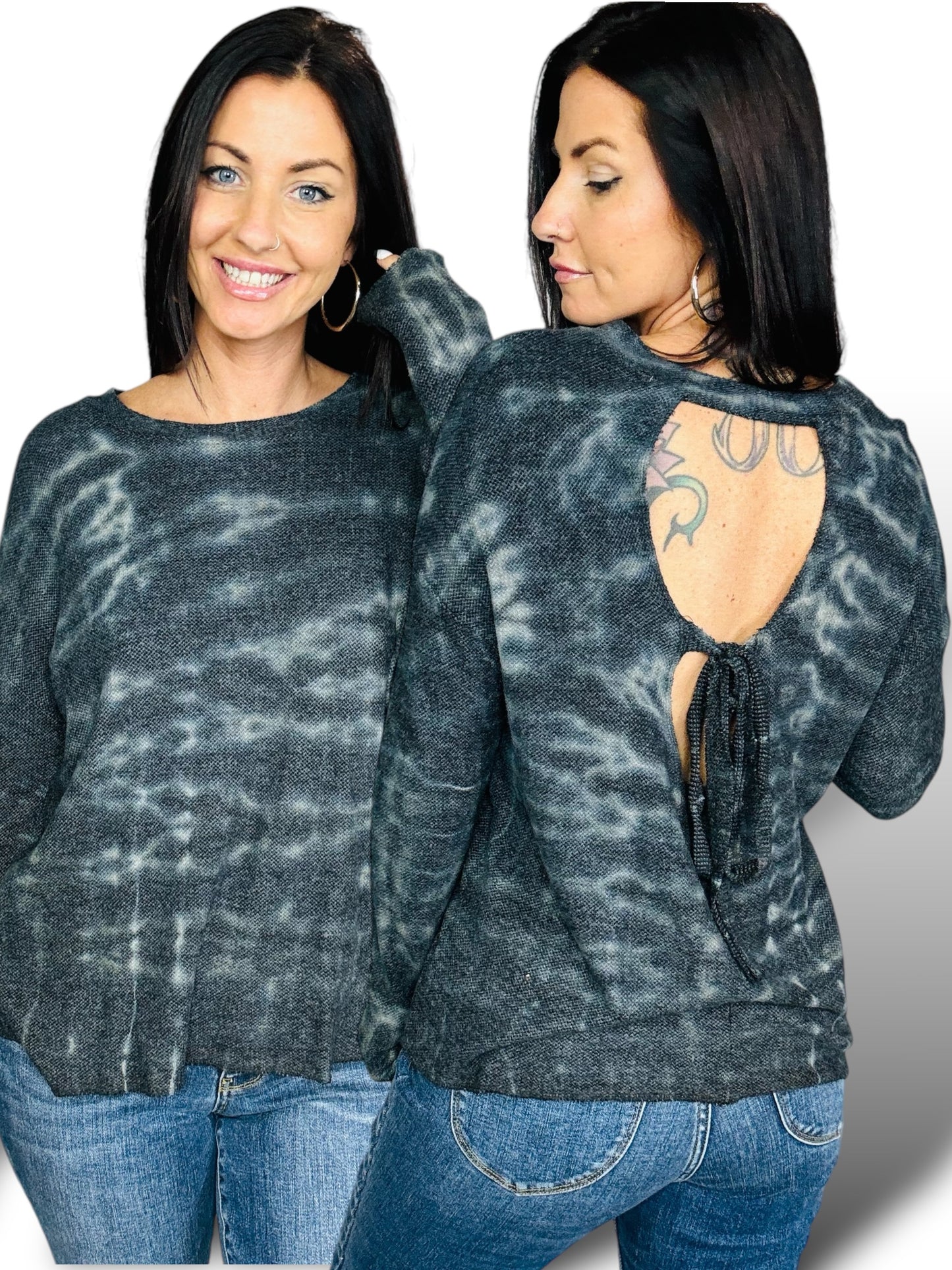 Black/Charcoal Tie Dye Long Sleeve Top w/ Open Tie Back Detail