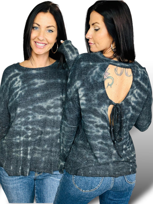 Black/Charcoal Tie Dye Long Sleeve Top w/ Open Tie Back Detail
