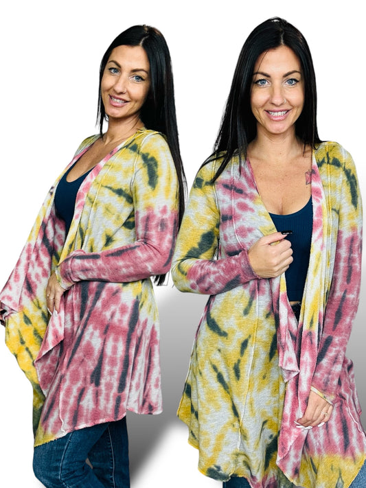 Heather Grey/Mustard/Mauve Tie Dye Cardigan