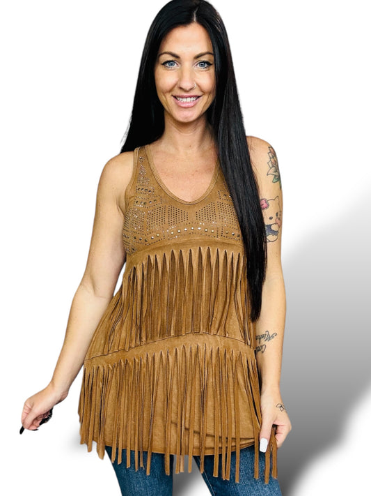 Reg. Camel Sleeveless Top w/ Layered Fringe & Studs