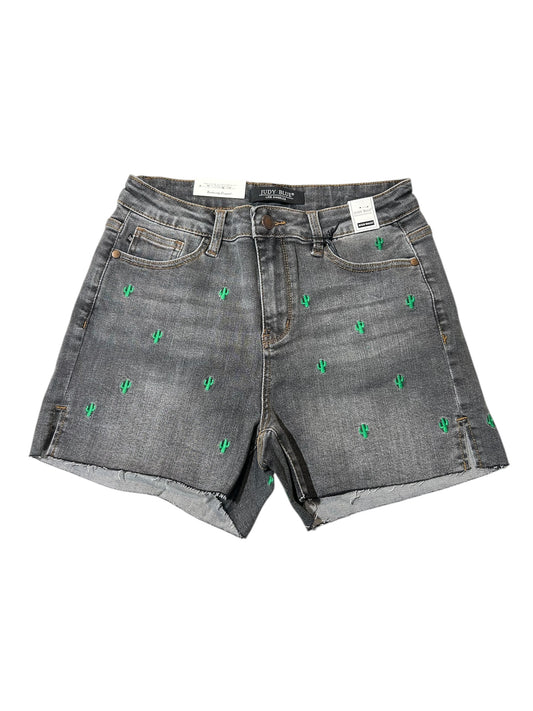 Judy Blue - "Vera" Grey High-Waisted Cactus Embroidered Cutoff Shorts