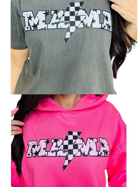 "Mama Checker Lightening Bolt" Graphic Short Sleeve/Crewneck Sweatshirt