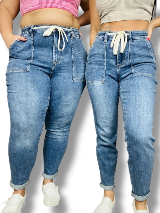 Judy Blue - "Alexis" Medium Blue High-Waisted Cuffed Denim Joggers