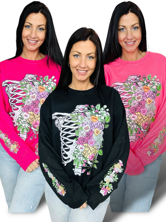 "Floral Candy Heart Skeleton" Hoodie