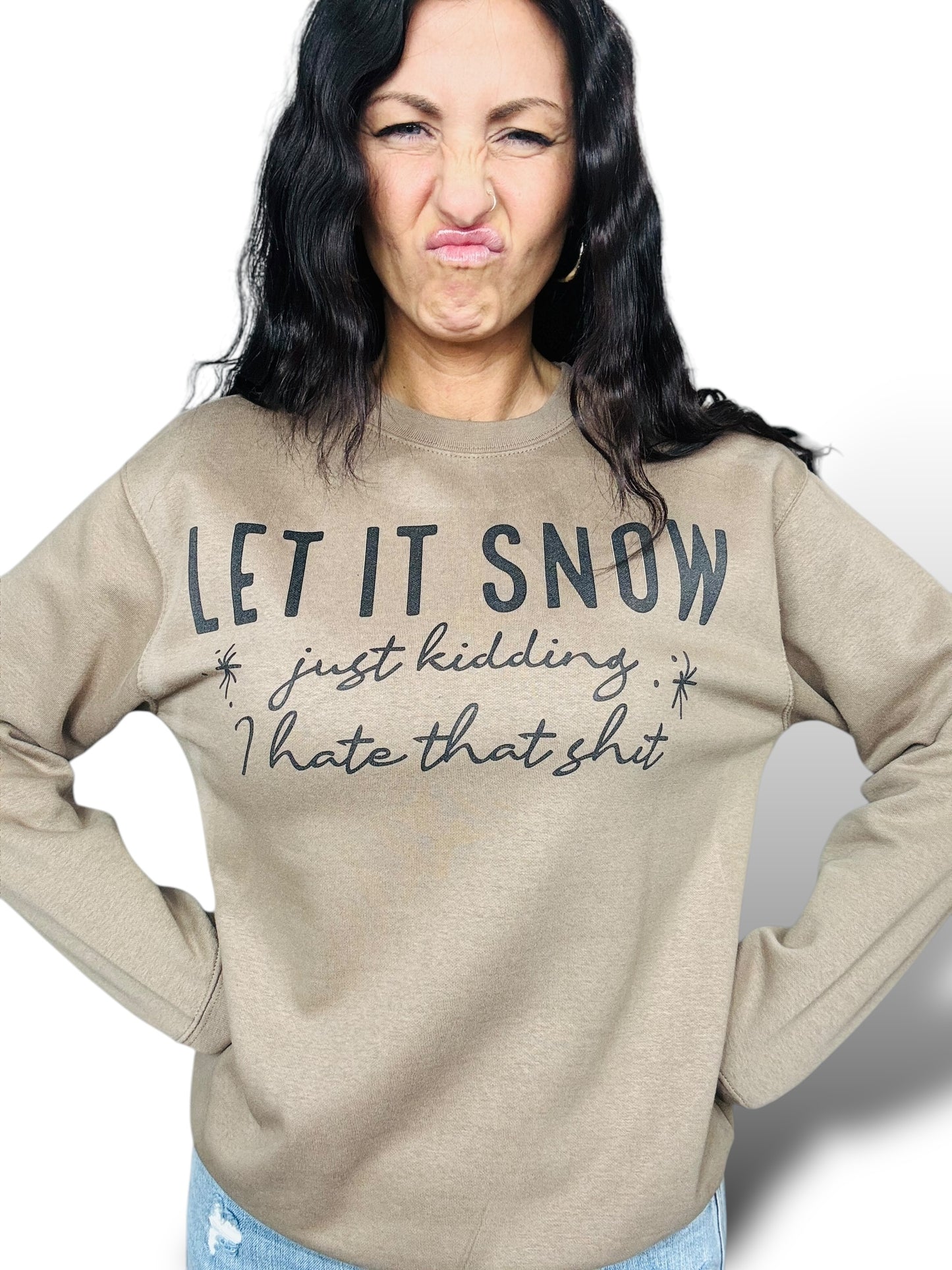 "Let it Snow-JK" Latte Graphic Crewneck Sweatshirt