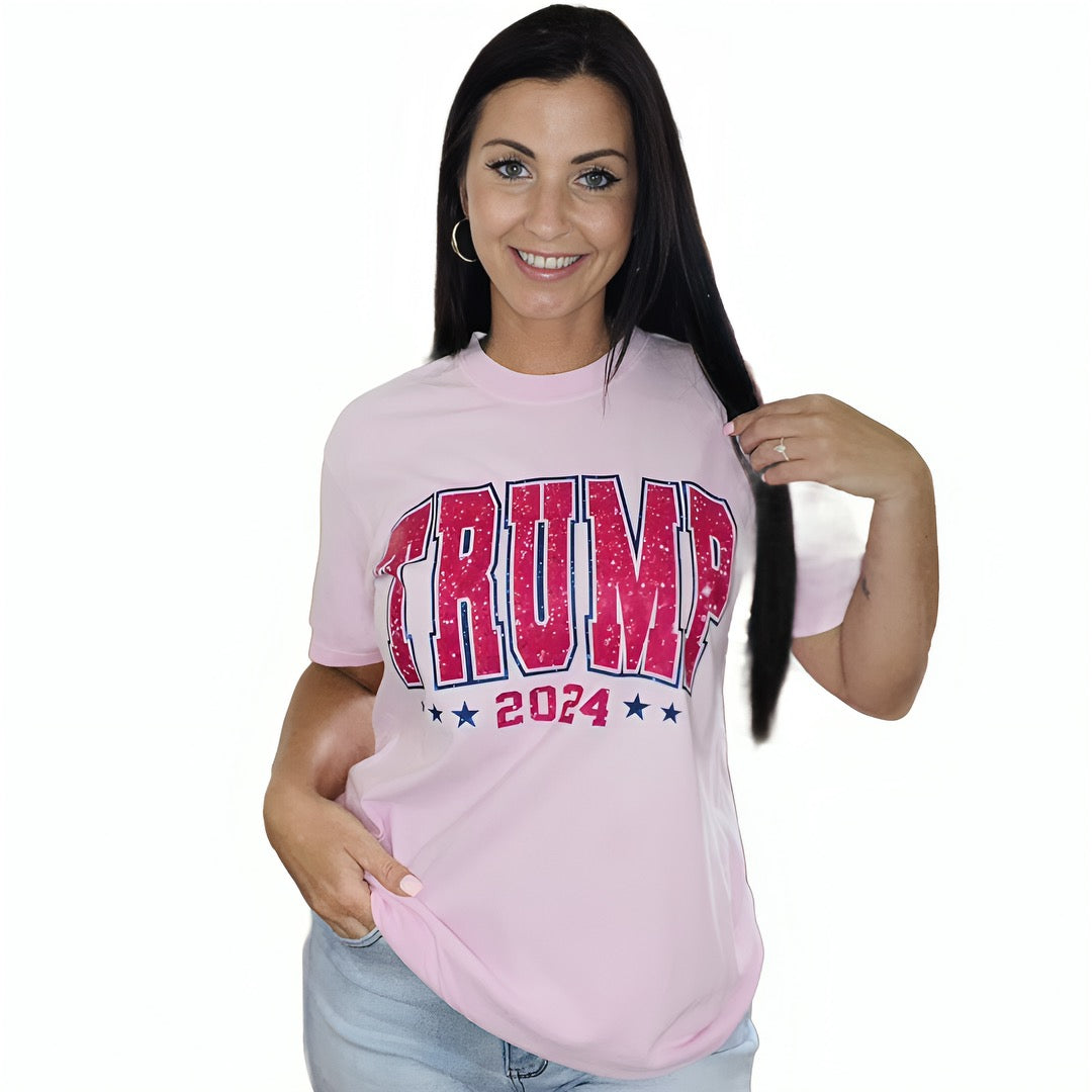 "Hot Pink Glitter Trump 2024" Short Sleeve T Shirt