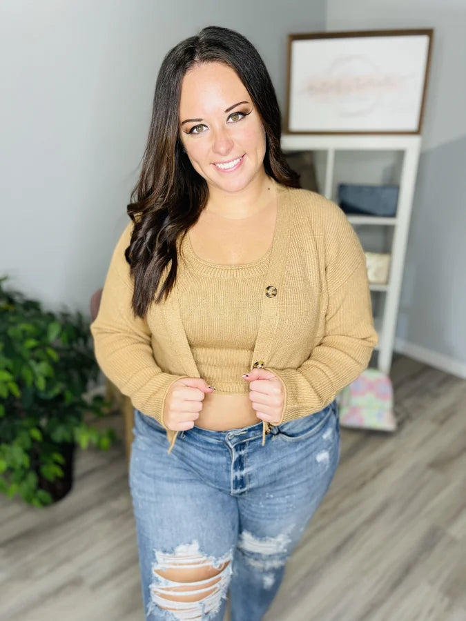 Reg. Almond Sleeveless Crop Top/Cardigan Sweater Set