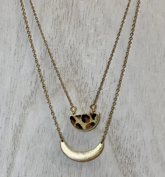 Gold Double Chain Necklace w/ Gold Crescent & Leopard Detail