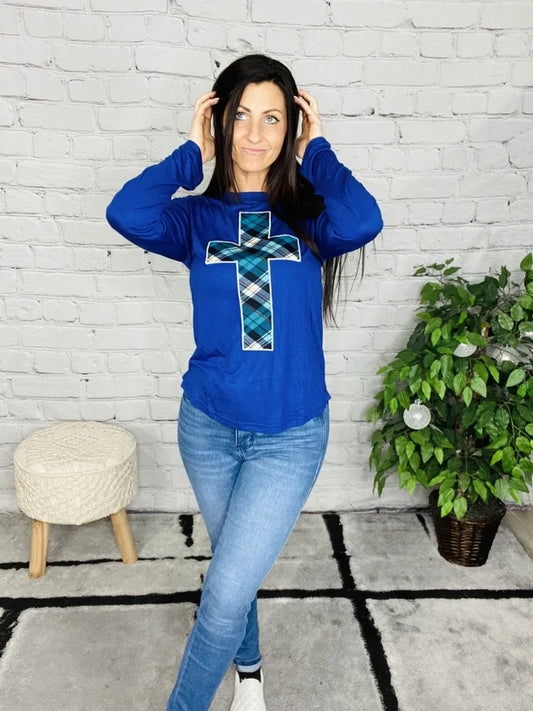 Embroidered Blue Plaid Cross Patch Long Sleeve Top