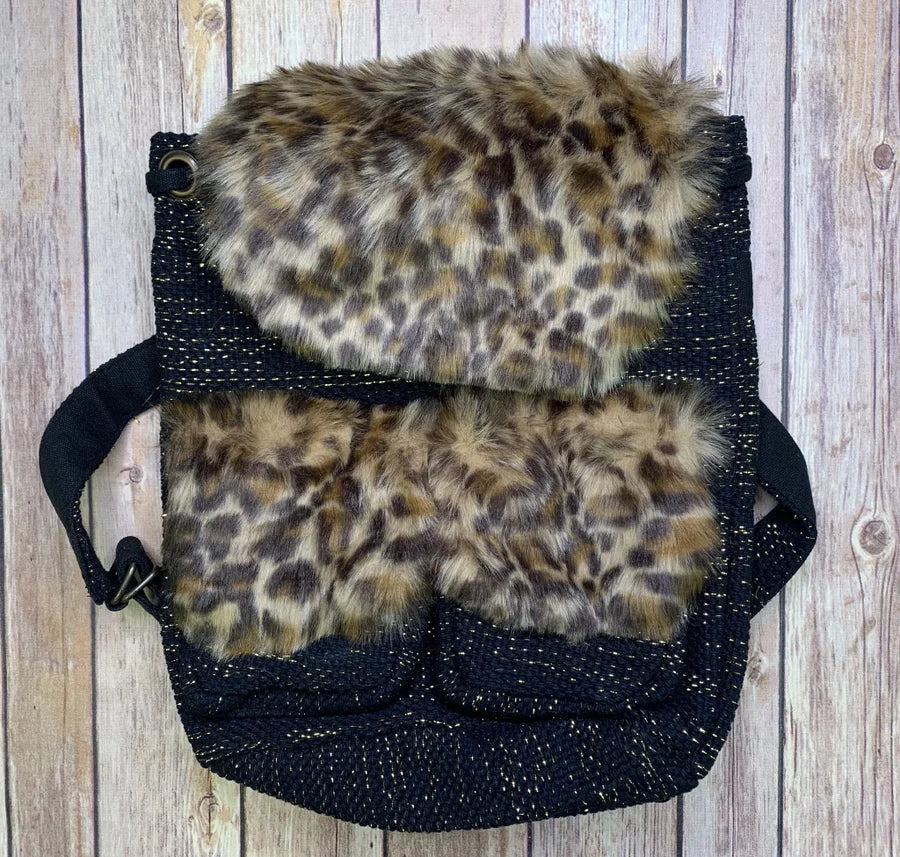 Leopard Print Backpack with Lurex Woven Strap