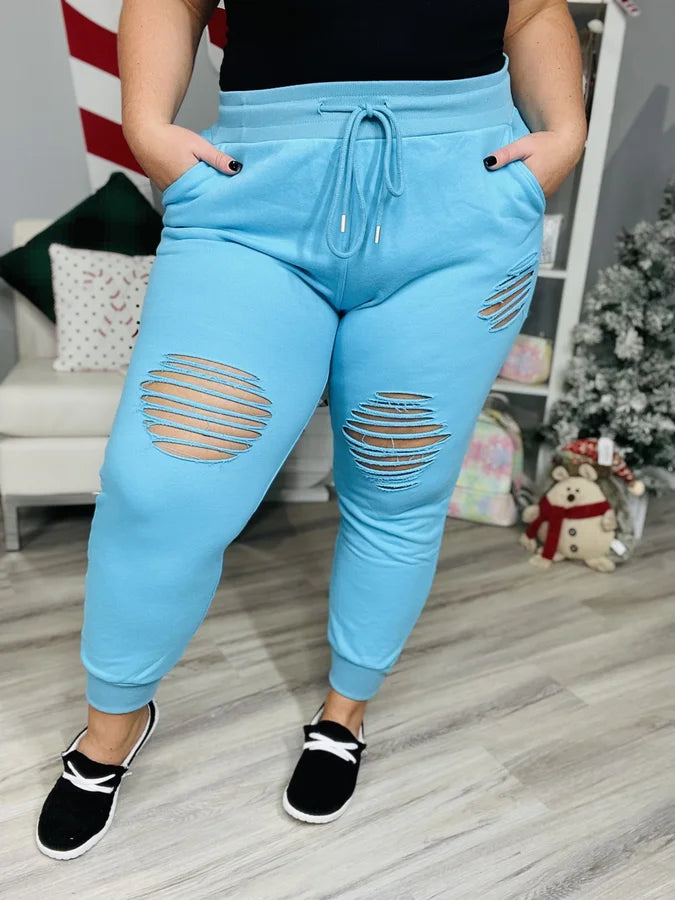 Reg/Plus Aqua Distressed Joggers w/ Drawstring & Pockets