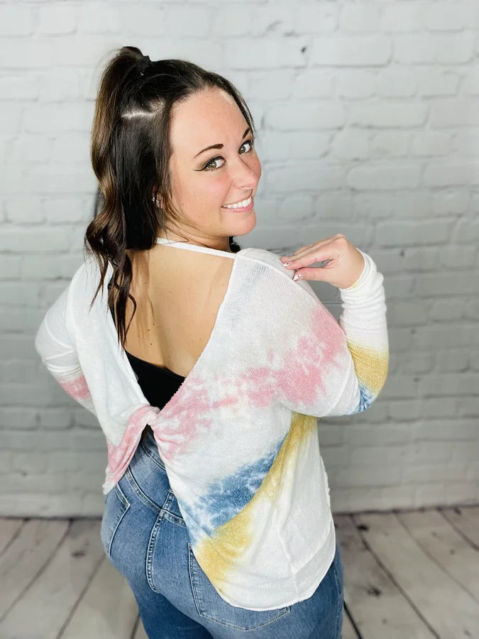 Reg. White Tie Dye Long Sleeve Open Back Top
