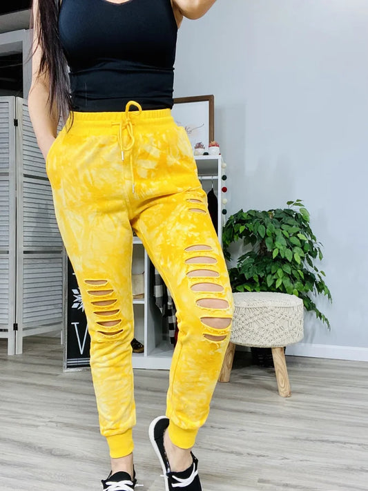 Reg/Plus Golden Yellow Tie Dye Distressed Joggers w/ Drawstring & Pockets
