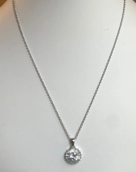 Rhodium Plated Brass Solitaire Cubic Zirconia Necklace - 16" +2