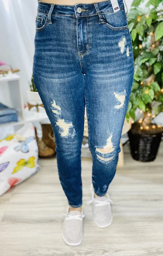 Judy Blue - Dark Blue Mid-Rise Relaxed Fit Destroyed Jeans w/ Destructed Hem - Reg/Plus