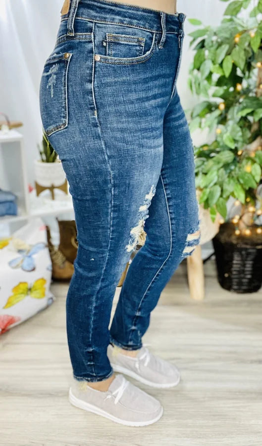 Judy Blue - Dark Blue Mid-Rise Relaxed Fit Destroyed Jeans w/ Destructed Hem - Reg/Plus