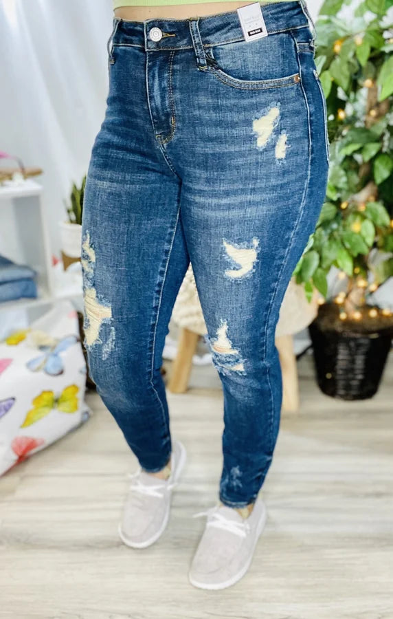 Judy Blue - Dark Blue Mid-Rise Relaxed Fit Destroyed Jeans w/ Destructed Hem - Reg/Plus