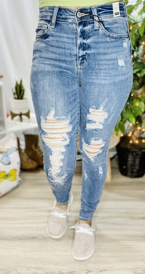 Judy Blue - Light Blue High-Waisted Bleach Splash Destroyed Skinny Jeans - Reg/Plus